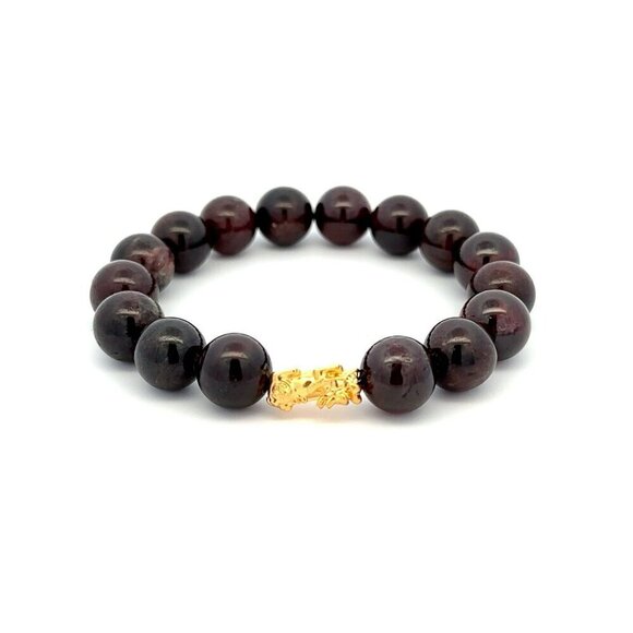 18K Gold Piyao Pixiu Dragon Bracelet Gemstones Garnet 10mm January Birthstones - Picture 1 of 5